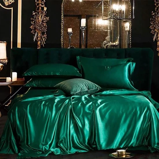 Set di lenzuola da letto, 135 x 200 cm, verde, verde scuro, liscio, liscio, copriletto con chiusura a raffia, 2 pezzi, 100% satino lucido, poliestere, lenzuola da letto estive e cuscini, 80 x 80 cm