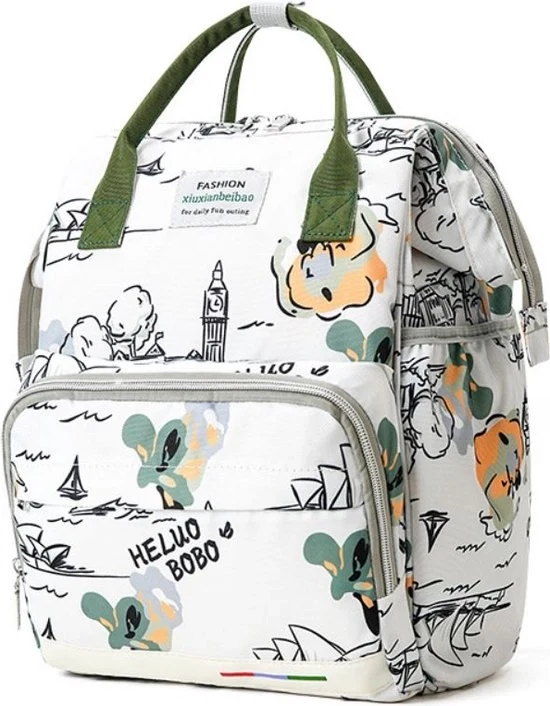 Zak da bagno per mamma e bambino, 26x16x38cm, capacità grande, borsa trasportabile impermeabile, sacchetto di viaggio per genitori, borsa per la maternità multifunzionale - Bianco-Foglia verde città
