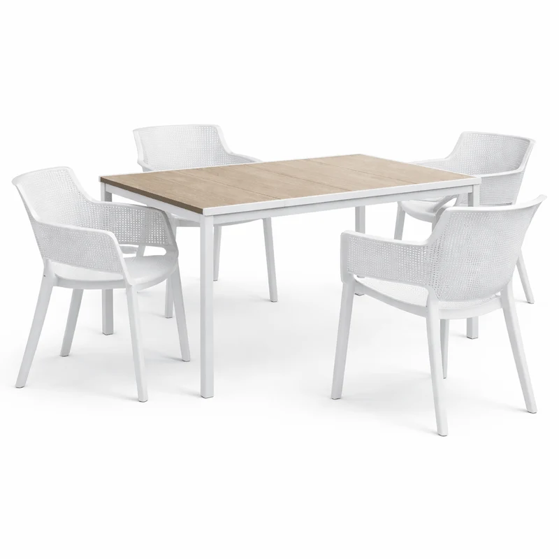 Set da giardino con tavolo effetto legno Porto + 4 sedie Elisa bianche | Keter