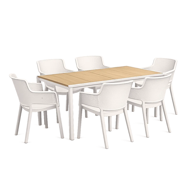 Set da giardino bianco con tavolo effetto legno Porto e 6 poltrone Elisa | KETER