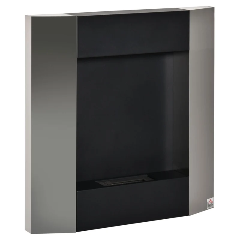Camino Bioetanolo da Parete in Acciaio Argento e Nero, Serbatoio 0.7L, Copertura 20m², 72x11x72cm, Pratico e Robusto, per Casa
