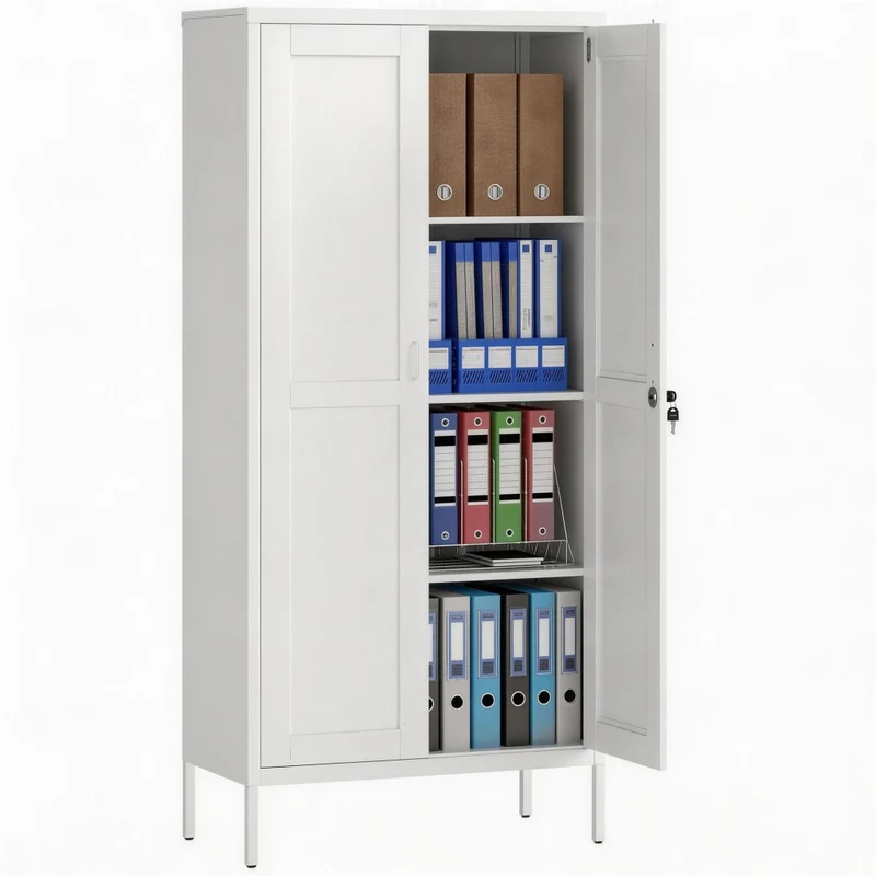 Armadio per ufficio in acciaio bianco con serratura e 2 chiavi, 3 ripiani regolabili, robusto e pratico per casa e garage, 80x40x175 cm