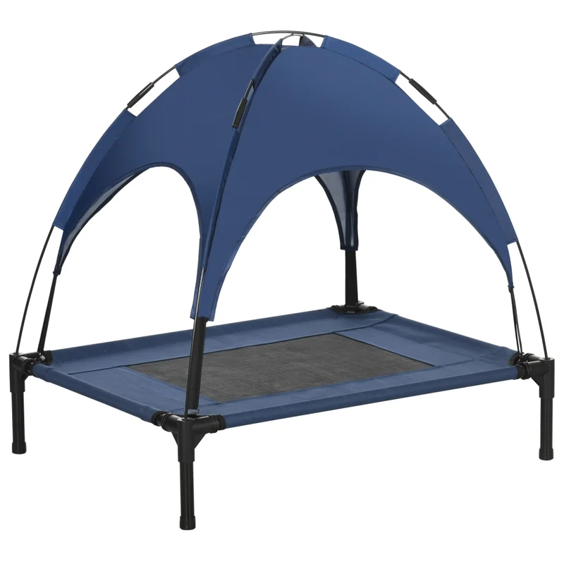 Lettino brandina per cani rialzata con tettuccio parasole, cuccia da giardino pieghevole in metallo e rete traspirante, blu