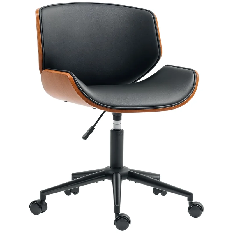 Sedia da ufficio girevole in similpelle e legno noce, sedia da scrivania regolabile ed ergonomica per casa e studio, 52 x 54 x 74-84 cm