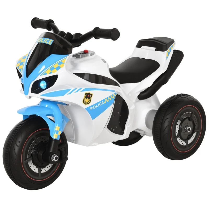 Moto Cavalcabile per Bambini con Effetti Sonori e Luminosi, Vano Portaoggetti, Design Sportivo da Corsa, Blu e Bianco