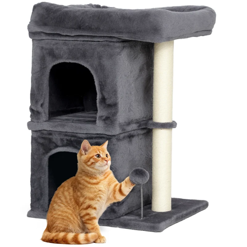 Albero Tiragraffi per Gatti Fino a 7 kg con 2 Casette e Lettino, Torre Tiragraffi in Sisal e Peluche, Grigio Scuro