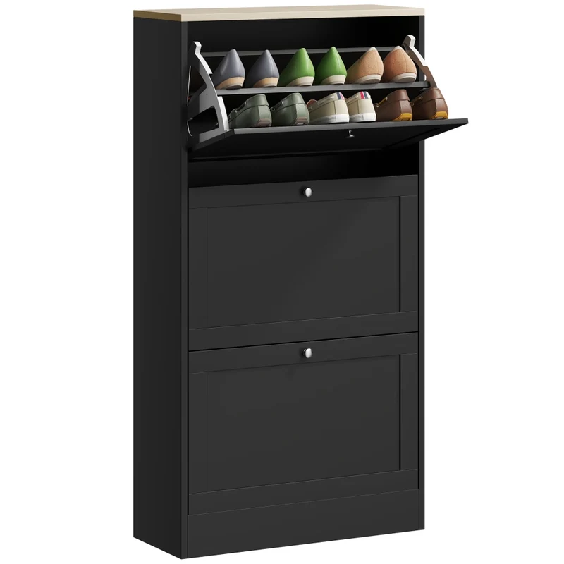 Scarpiera salvaspazio in legno a 3 ante ribalta con ripiani regolabili per casa, mobile portascarpe moderno nero, 60x23.5x115 cm