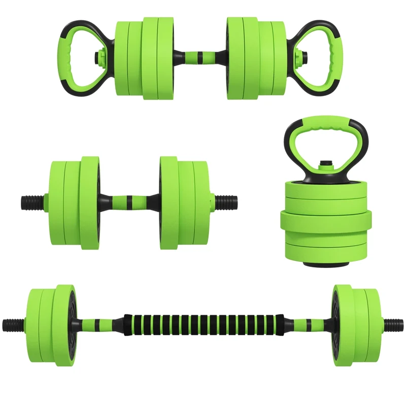 Manubri 4 in 1 20 kg Regolabili, Set con Bilanciere, Kettlebell e Impugnature per Flessioni, Verde, per Allenamento Casa e Palestra