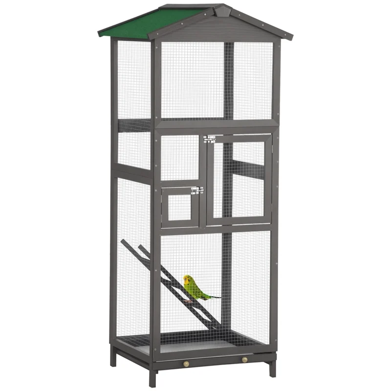 Voliera Gabbia per Uccelli da Esterno in Legno Grigio Chiaro Alta 165cm con 2 Porte Tetto in Asfalto e Vassoio Estraibile per Giardino