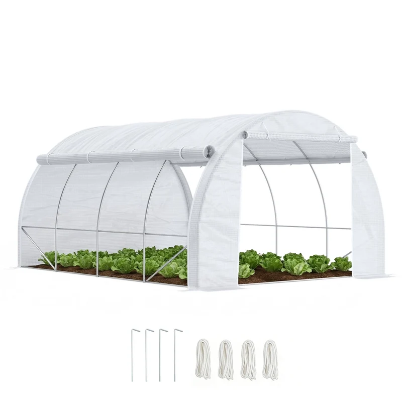 Serra da Giardino a Tunnel 12 m² in Acciaio e PE Bianco con Porta e 8 Finestre Pareti Avvolgibili 4 x 3 x 2 m