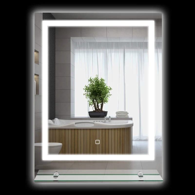 Specchio da Bagno LED da Parete Rettangolare 70 x 50 cm con Ripiano Integrato Interruttore Touch IP44 Design Moderno