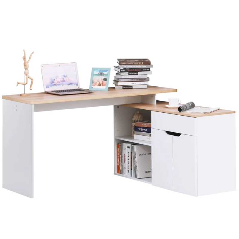 Scrivania Angolare Porta PC con Libreria a 2 Ripiani Cassetto e Armadietto, 140x117x76 cm, Legno e Bianco, Salvaspazio per Casa e Ufficio