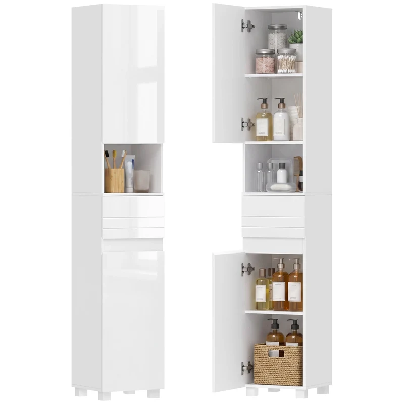 Mobile Colonna Bagno Stretto con Ripiani Regolabili e Cassetto Mobile Alto Salvaspazio per Casa Bianco 30 x 30 x 170 cm