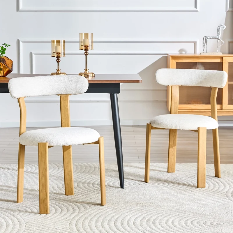 Set da 2 Sedie da Pranzo Imbottite in Tessuto Bouclé Bianco con Schienale Ergonomico e Gambe Stabili ca. 79 cm per Casa