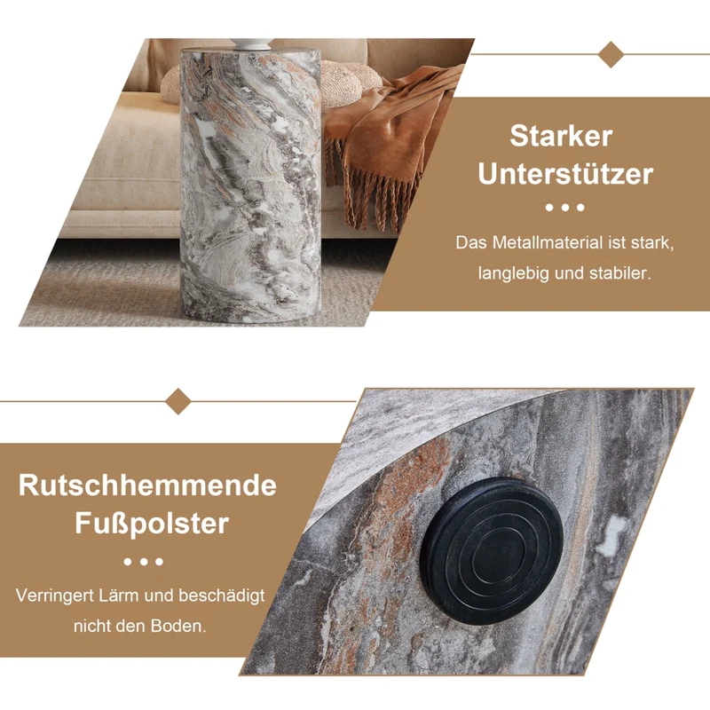 Tavolino da Salotto Rotondo in MDF Effetto Marmo Grigio Tavolino da Caffè Basso Moderno ed Elegante per Soggiorno