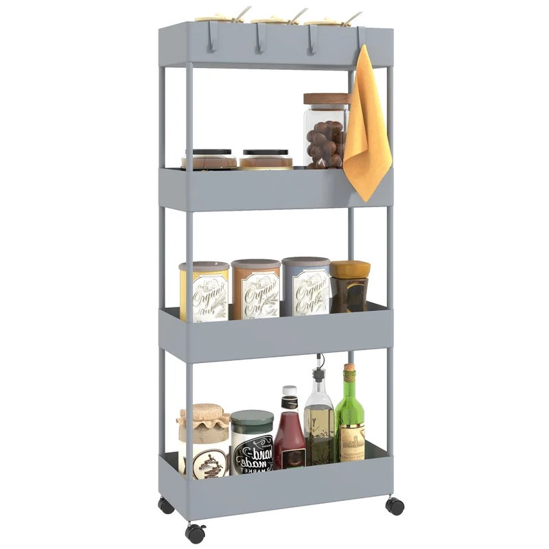 Carrello da Cucina Salvaspazio Grigio a 4 Ripiani con 4 Ganci e 4 Ruote 40 cm x 19 cm x 90 cm