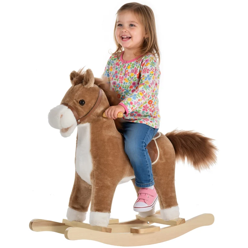 Cavallo a Dondolo per Bambini 36-72 Mesi in Peluche Marrone con Suoni Giocattolo con Maniglie 65 x 32,5 x 61 cm