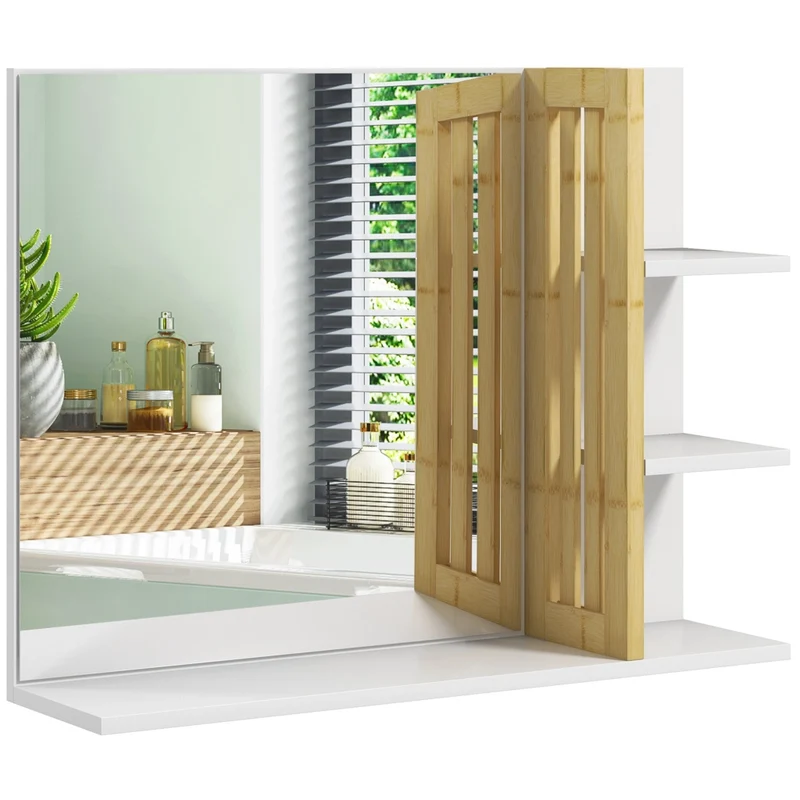 Specchiera Bagno da Parete con 4 Ripiani Pensile Moderno Salvaspazio in Legno Bianco 45x15x58.5cm