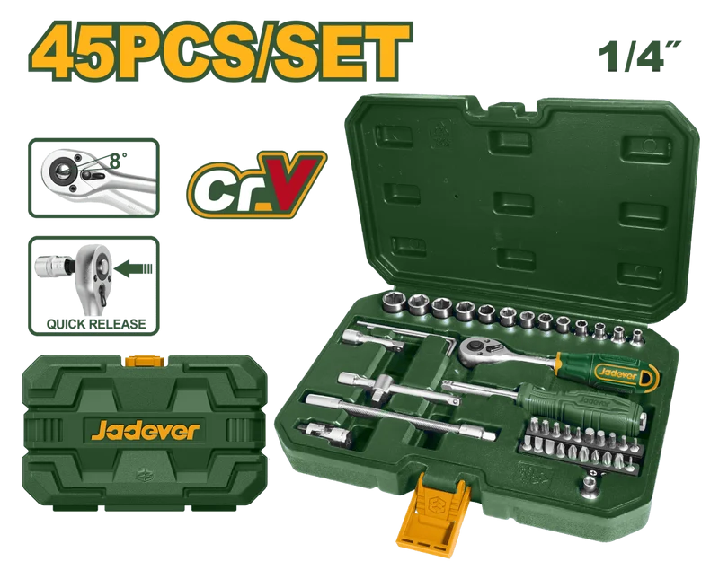 Set Bussole Jadever 45 Pezzi 1/4” in Acciaio Cr-V con Cricchetto e Valigetta