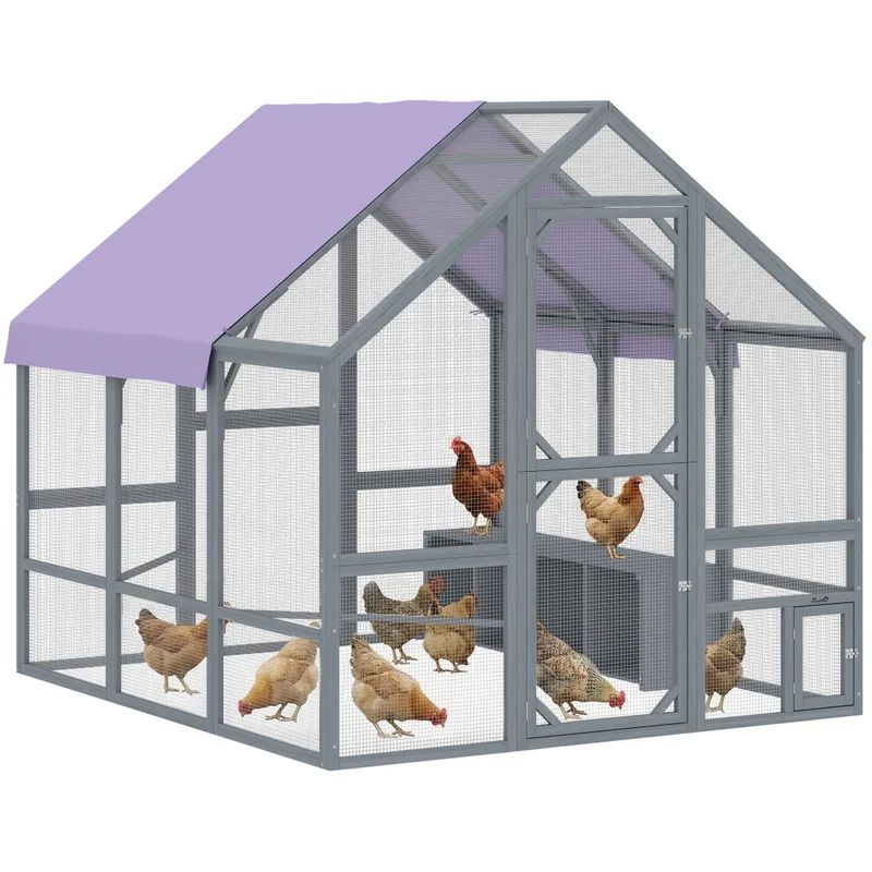 Pollaio da Esterno in Legno per 8-10 Galline con Telo Impermeabile 2 Nidi e 2 Posatoi Grigio Scuro 211 x 186,5 x 185,5 cm