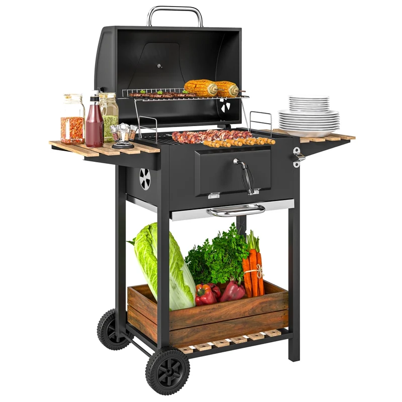 Barbecue a carbonella con carrello in acciaio e legno nero, braciere regolabile a 3 livelli, coperchio, termometro e ripiani per giardino