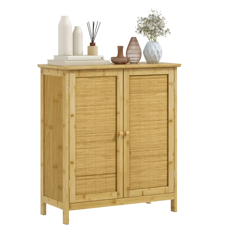 Mobiletto Credenza in Bambù e Rattan Stile Boho con 2 Ante e Ripiano Interno per Salotto Bagno Camera 60x27x67.5cm Naturale