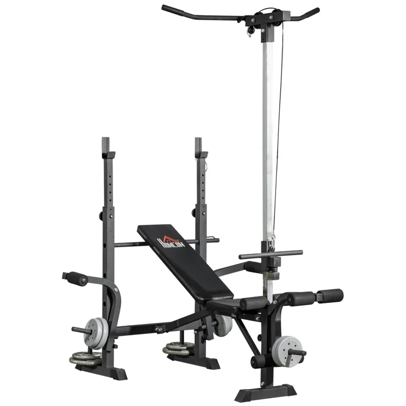 Panca multifunzione fitness con squat rack leg press e leg extension, in acciaio e PU, robusta per casa, 180x134x200 cm, nero e argento