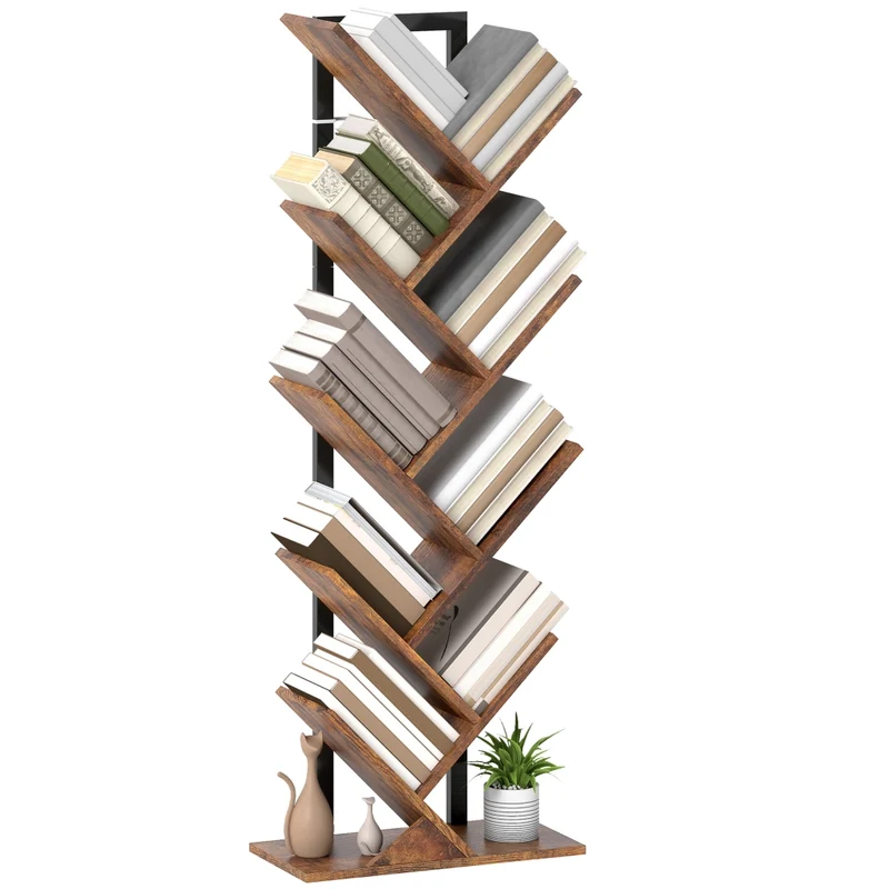 Libreria ad Albero a 9 Livelli, Scaffale Salvaspazio Industriale in Acciaio e Legno Truciolato, 50x24x136cm, Marrone Rustico