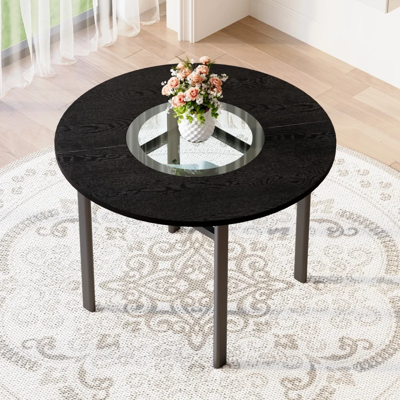 Tavolo da pranzo rotondo diametro 100 cm, effetto legno nero e vetro grigio, per 2-4 persone, struttura in metallo, design moderno per casa