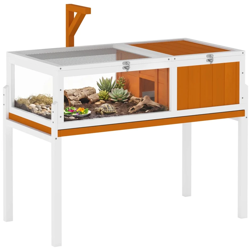 Casa e Recinto per Tartarughe in Legno, Bianco e Arancione, con Coperchio e Finestra Trasparente, Rialzata, 104cm x 53cm x 82cm, per Uso Domestico