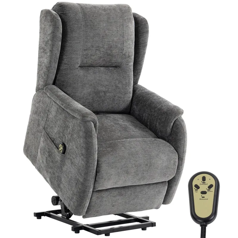 Poltrona TV relax per anziani con supporto per alzarsi, doppio motore, telecomando, tasche laterali, effetto chenille, grigio scuro