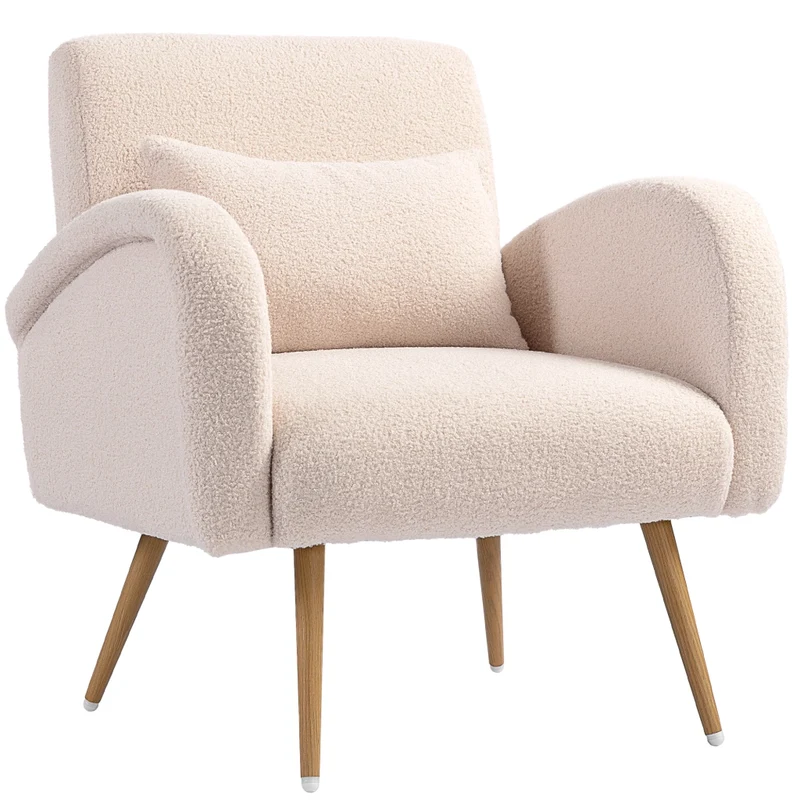 Poltrona da salotto in tessuto teddy beige con cuscino lombare e gambe in metallo effetto legno, sedia imbottita per casa