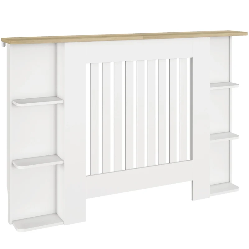 Copritermosifone moderno in legno con ripiani aperti copriradiatore a doghe salvaspazio bianco 124x19x83cm