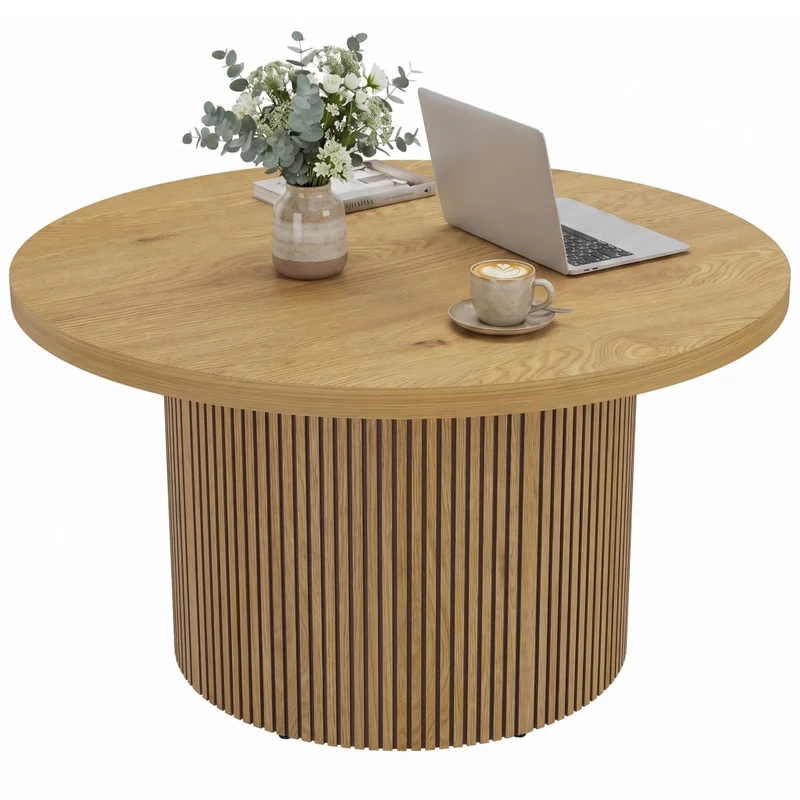 Tavolino da salotto rotondo effetto legno naturale con base scanalata, tavolo basso moderno e robusto per soggiorno