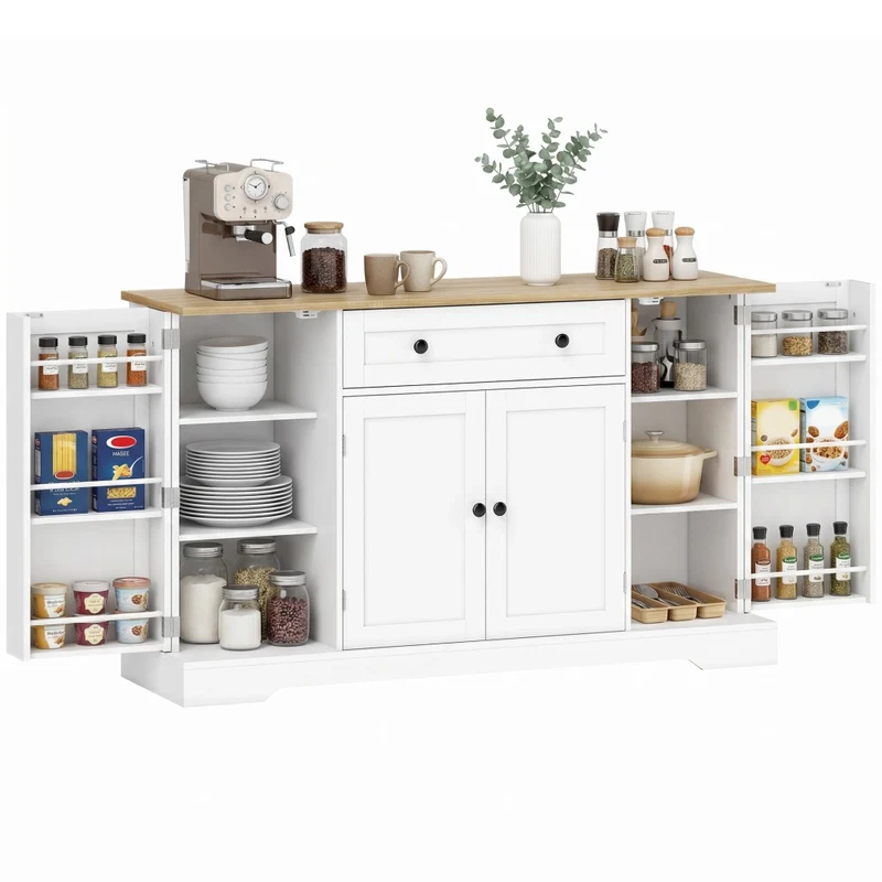 Credenza da cucina bianca effetto legno con 4 ante, cassetto, ripiani regolabili e ripiani sulle ante, per cucina e sala da pranzo, 138x40x85cm