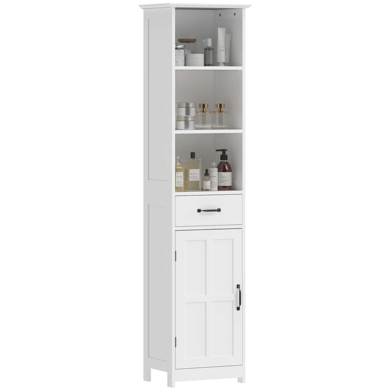 Mobile Colonna Bagno Salvaspazio Bianco con 3 Vani Aperti Cassetto e Ripiano Regolabile 40x30x164 cm