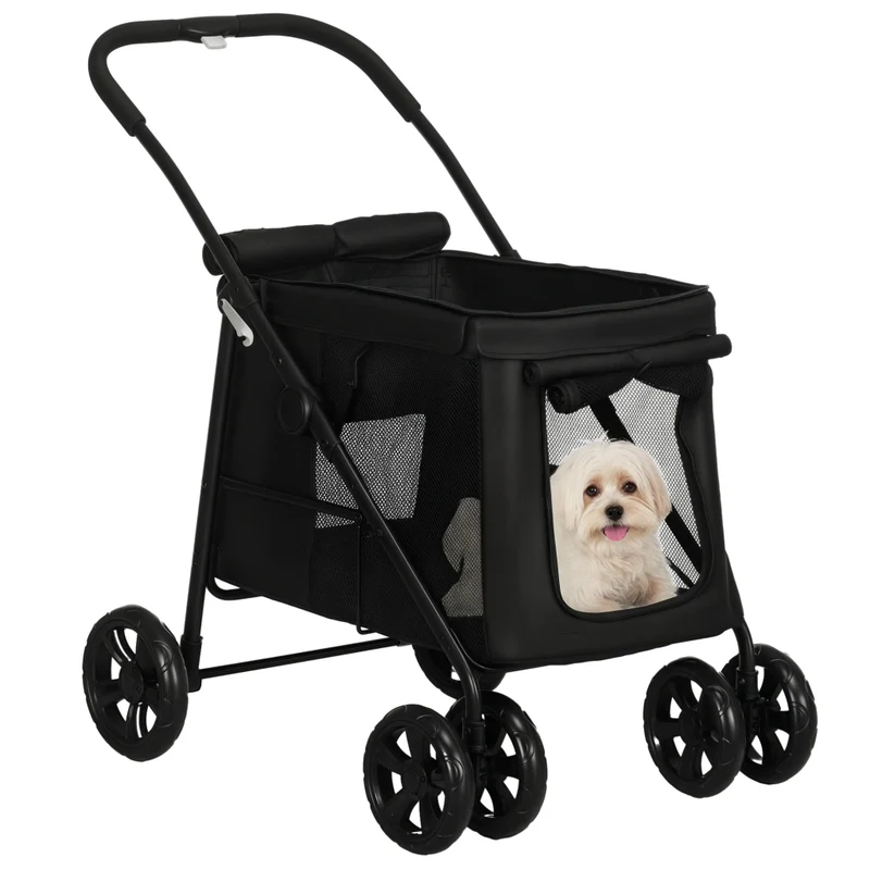 Passeggino per Cani Pieghevole con Cuscino e 3 Tasche Carrello da Passeggio per Animali Domestici Nero 102 cm x 62 cm x 105 cm