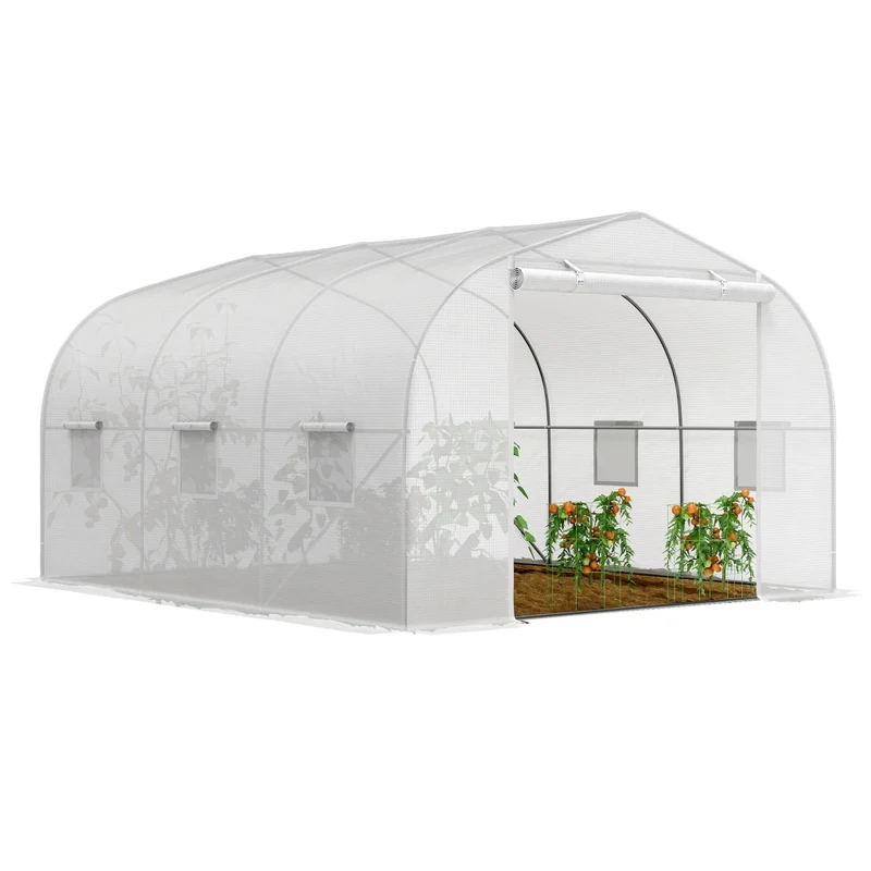 Serra a Tunnel da Giardino 3.5x3x2 m in Acciaio e PE Bianco con 6 Finestre e Porta a Rullo per Piante Robusta e Pratica