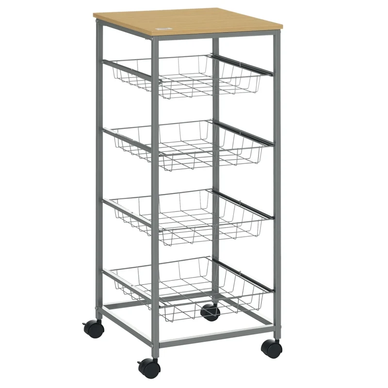 Carrello da Cucina Salvaspazio con 4 Cesti in Acciaio e MDF, Carrello Portavivande con Ruote 36.5x36.5x89 cm, Argento e Legno