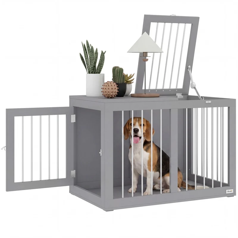 Gabbia per cani da interno in acciaio e MDF con 2 porte bloccabili, cuccia robusta per casa, 80 cm x 50 cm x 56,5 cm, grigio