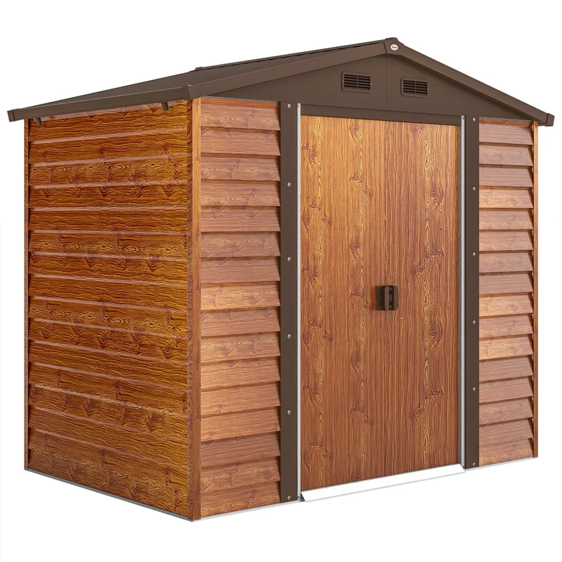 Casetta da Giardino Porta Attrezzi in Acciaio Effetto Legno con Finestre Capanno Robusto per Giardino Marrone 152 x 235,7 x 208,7 cm