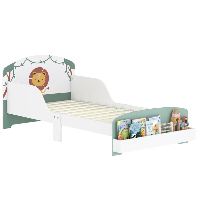 Lettino per Bambini 3-8 Anni in Legno Verde con Sponde Protettive e Spazio Contenitore, Robusto e Pratico per Cameretta, 150x77x60 cm