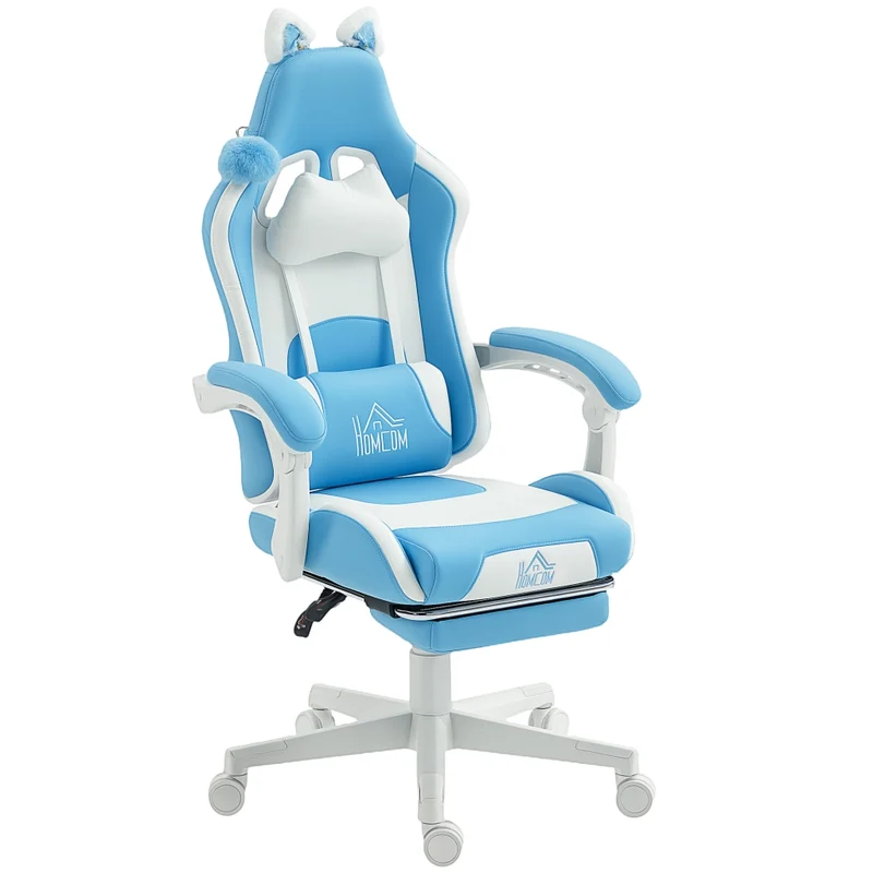 Sedia da Gaming con Orecchie da Gatto, Poltrona Reclinabile 135° con Poggiapiedi Estraibile, Altezza Regolabile, Ecopelle, Portata 120 kg, Blu Mare