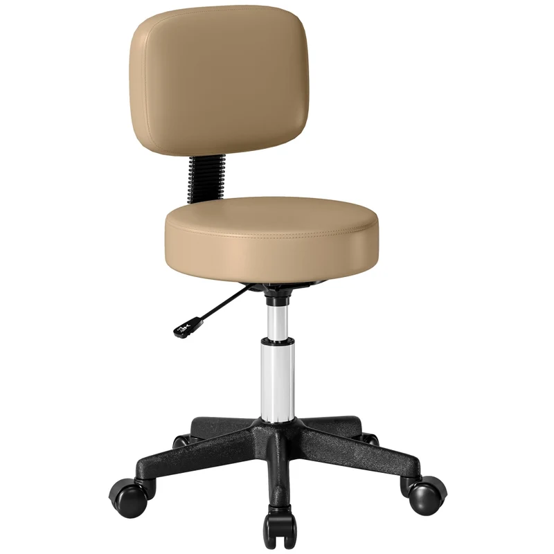 Sgabello da lavoro con ruote e schienale marrone chiaro, girevole a 360°, altezza regolabile 72-84 cm, ergonomico per ufficio e salone