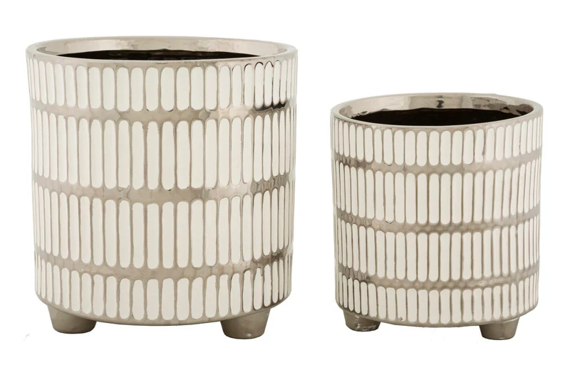 Porta Vasi Coppia Ray Ø22,5x24 cm - Ø18x19 cm in Ceramica Bianco e Argento