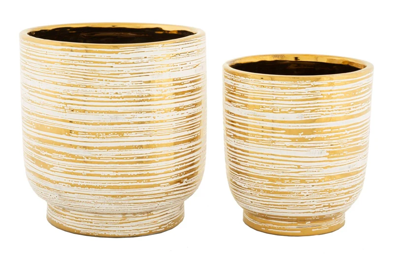Porta Vasi Coppia Melody Ø23x24 cm - Ø17,5x19 cm in Ceramica Bianco e Oro