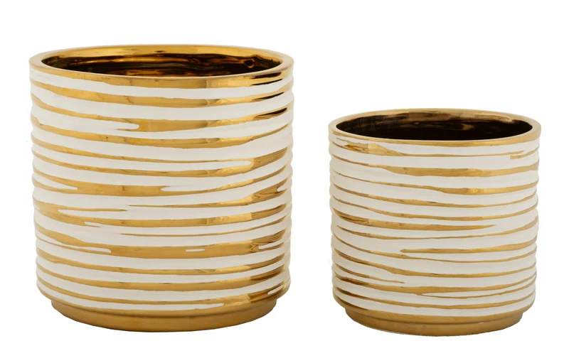 Porta Vasi Coppia Blom Ø23x22 cm - Ø18x17,5 cm in Ceramica Bianco e Oro