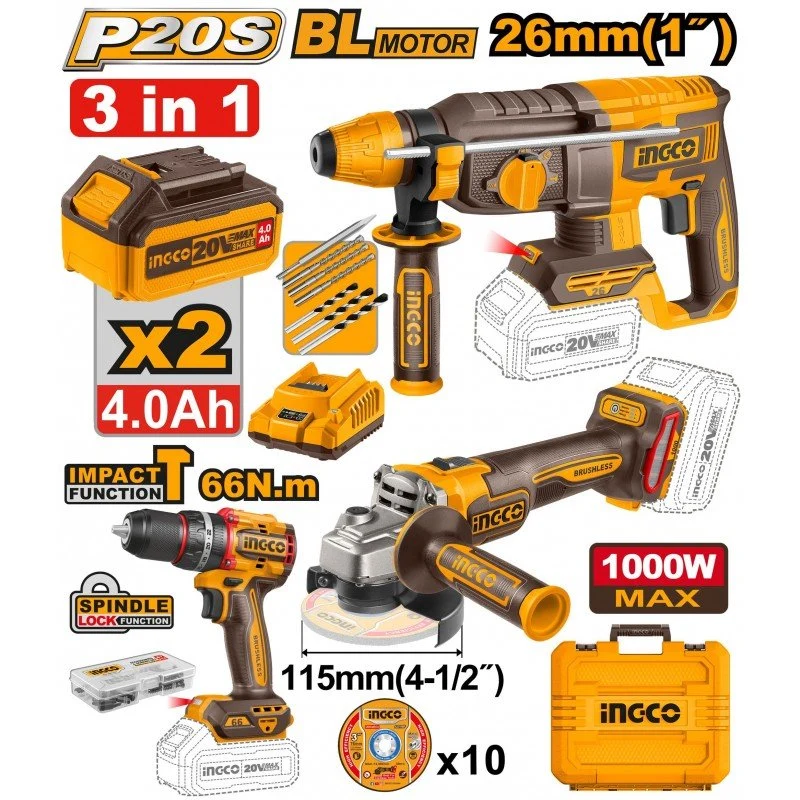 Set elettroutensili a batteria 20V Ingco 3 in 1 con trapano a percussione, smerigliatrice angolare e martello perforatore