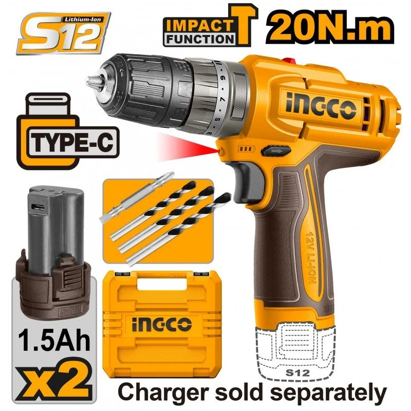 Trapano a percussione a batteria 12V 20Nm con 2 batterie e valigetta