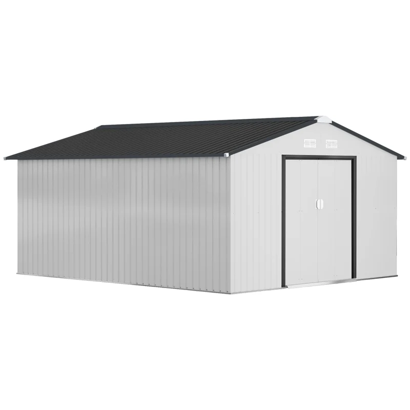 Casetta da giardino robusta in acciaio zincato argento 3.4x3.8x2 m con doppia porta scorrevole e tetto inclinato per bricolage